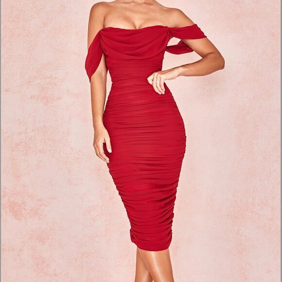 House of CB Carlotta Wine Ruched Draped Chiffon Dress - Picture 1 of 8